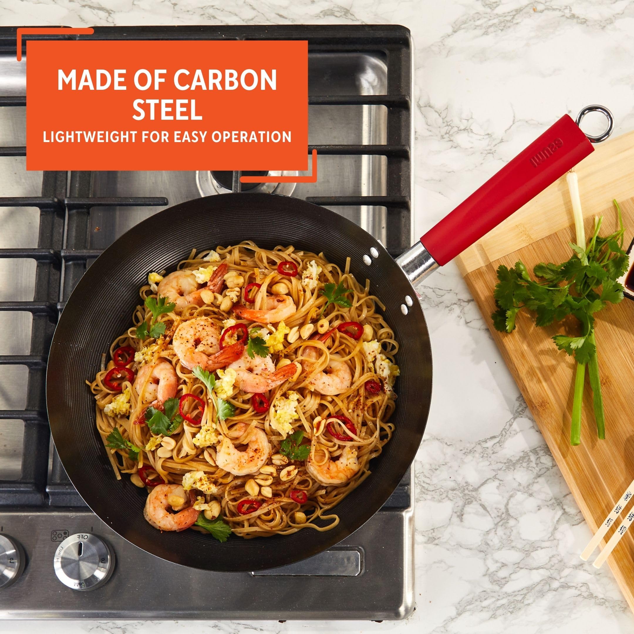 IMUSA USA Inch, Red PAN-10046 12" Nonstick Carbon Steel Wok, Handle - Image 3