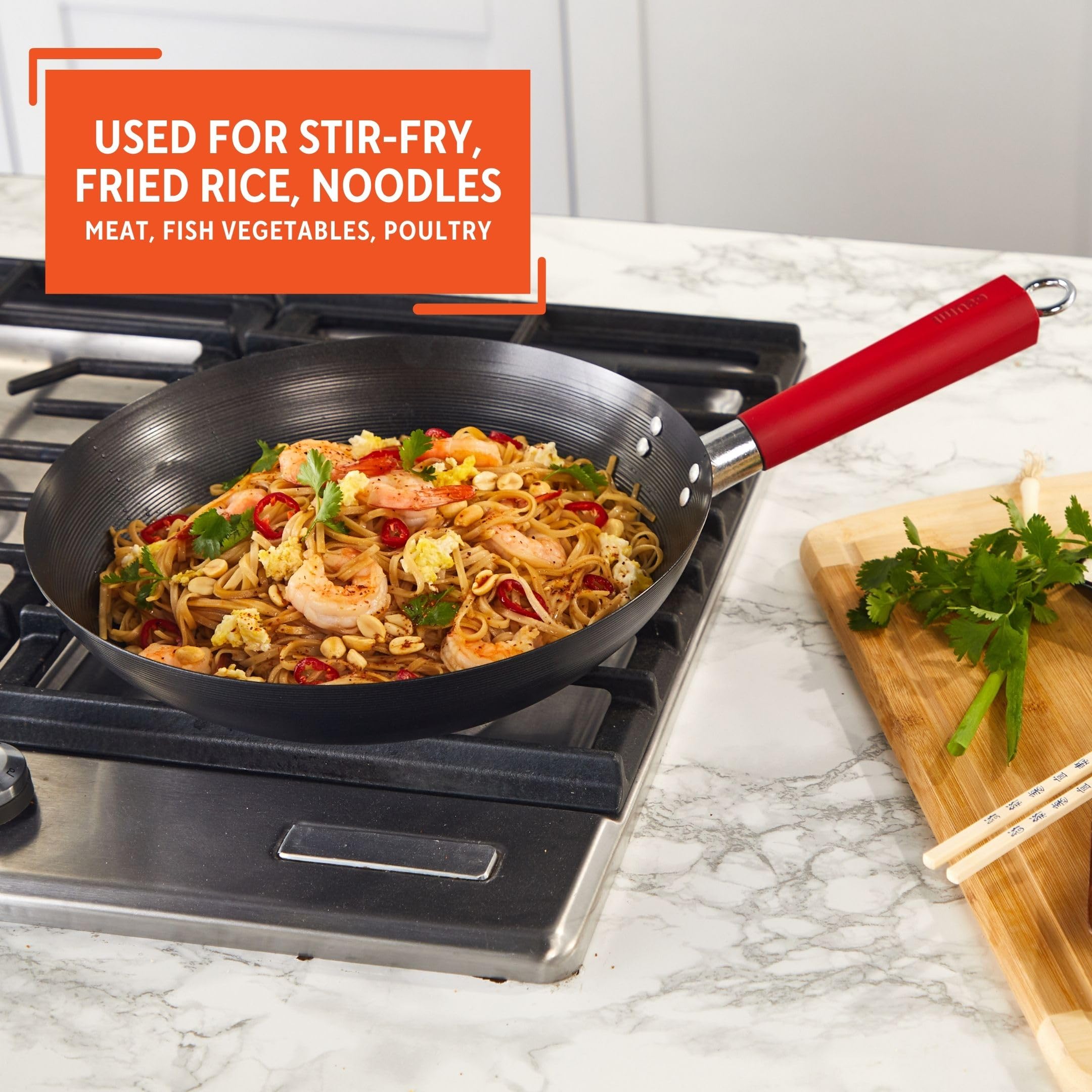 IMUSA USA Inch, Red PAN-10046 12" Nonstick Carbon Steel Wok, Handle - Image 5